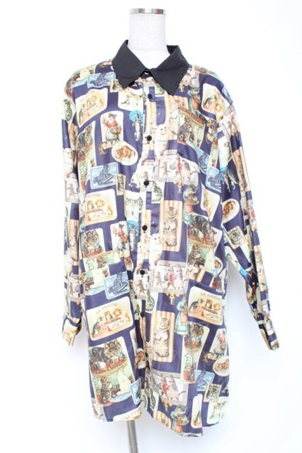 画像1: Perla nell' ostrica / ビンテージキャットシャツ  ネイビー Y-26-01-20-086-EL-BL-SZ-ZI (1)