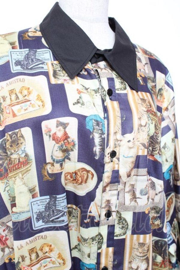 画像3: Perla nell' ostrica / ビンテージキャットシャツ  ネイビー Y-26-01-20-086-EL-BL-SZ-ZI (3)