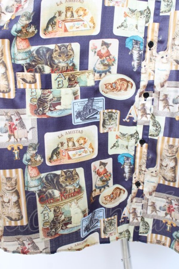 画像4: Perla nell' ostrica / ビンテージキャットシャツ  ネイビー Y-26-01-20-086-EL-BL-SZ-ZI (4)