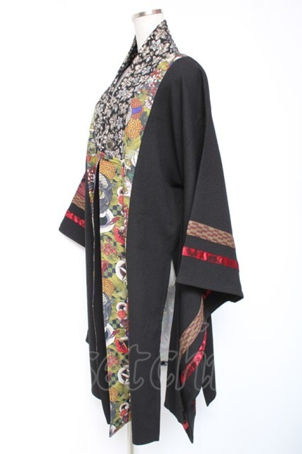 画像2: Qutie Frash / 和柄切替着物ロングカーディガン  黒×赤 Y-26-01-20-111-QU-JA-SZ-ZI (2)