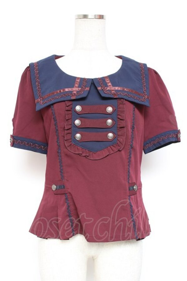 画像1: Ozz oneste / ナポレオンデザインセーラー襟半袖ブラウス F ワイン Y-26-01-20-117-OO-BL-SZ-ZS (1)