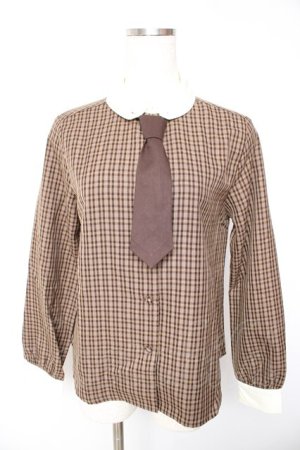 画像: F i.n.t / プチネクタイ付きクレリックチェックシャツ F ブラウン Y-26-01-22-074-CA-BL-SZ-ZY