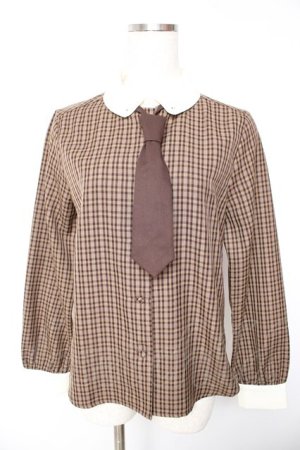 画像: F i.n.t / プチネクタイ付きクレリックチェックシャツ  ブラウン Y-26-01-22-075-CA-BL-SZ-ZY