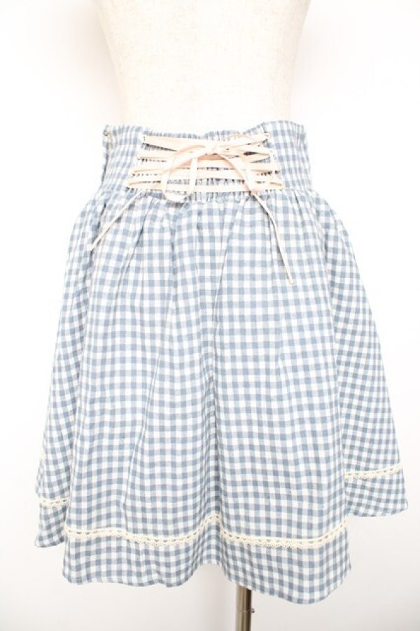画像2: Amavel / ギンガムチェック柄切替刺繍入りサリバンスカート M サックス Y-26-01-22-153-CA-SK-SZ-ZY (2)