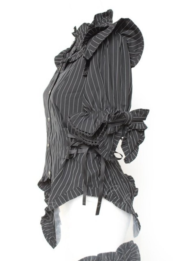 画像2: Chalmiere / ストライプリボンブラウス M 黒 Y-26-01-24-047-LO-BL-SZ-ZY (2)