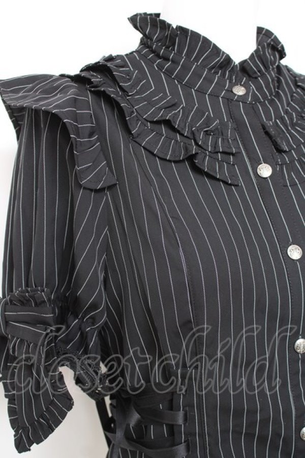 画像4: Chalmiere / ストライプリボンブラウス M 黒 Y-26-01-24-047-LO-BL-SZ-ZY (4)