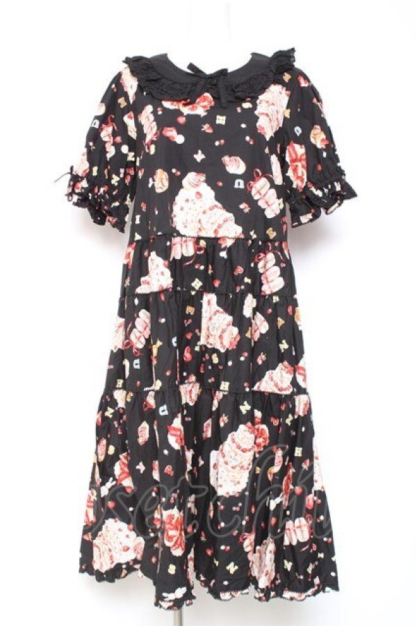 画像1: PINK HOUSE / アニバーサリーケーキプリントミディワンピース  黒 Y-26-01-27-018-LO-OP-SZ-ZY (1)