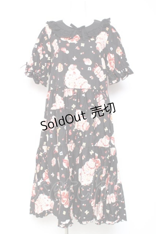 画像1: PINK HOUSE / アニバーサリーケーキプリントミディワンピース  黒 Y-26-01-27-018-LO-OP-SZ-ZY (1)