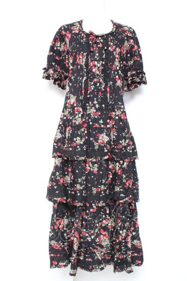 画像1: PINK HOUSE / いちごブーケフリルワンピース F 黒 Y-26-01-27-025-LO-OP-SZ-ZY (1)