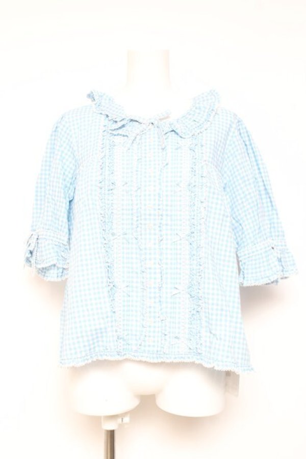 画像1: PINK HOUSE / はしごレース&サテンリボン使いローンブラウス F サックス Y-26-01-27-031-LO-BL-SZ-ZY (1)