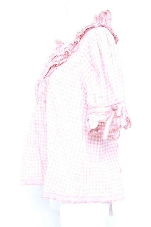 画像2: PINK HOUSE / ギンガムチェックパッチワークフリルブラウス F ピンク Y-26-01-27-032-LO-BL-SZ-ZY (2)