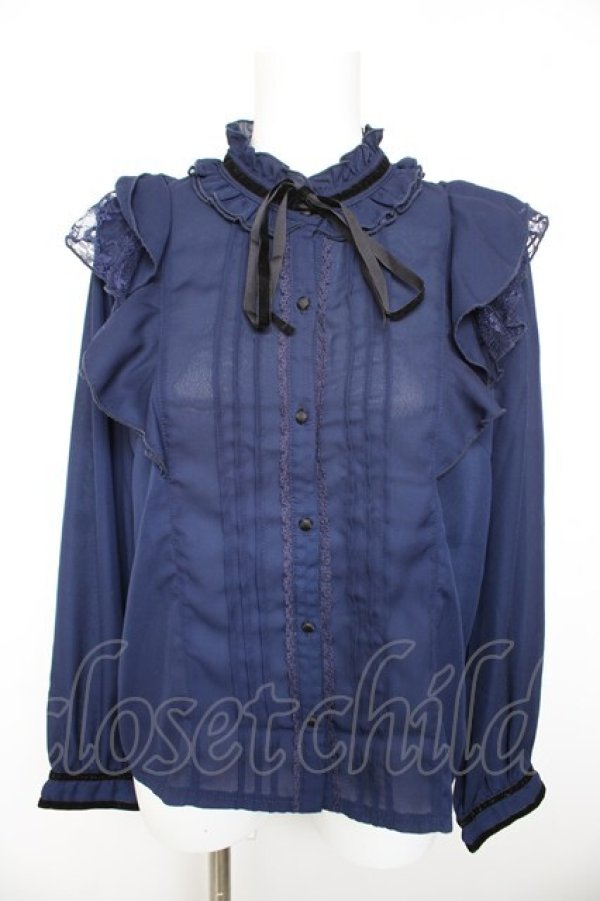 画像1: axes femme / ベロアリボン付フリルブラウス  ネイビー Y-26-01-28-086-AX-BL-SZ-ZY (1)