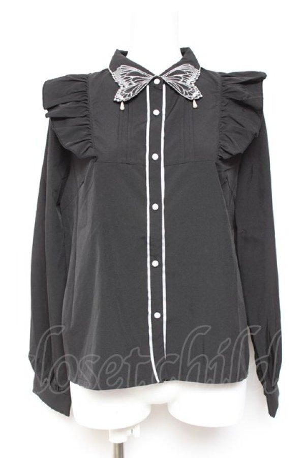 画像1: axes femme POETIQUE / バタフライ刺繍襟ブラウス M 黒 Y-26-01-31-047-AX-BL-SZ-ZY (1)