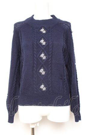 画像: axes femme / 花刺繍ボトルネックニットプルオーバー M 紺 Y-26-01-31-060-AX-TO-SZ-ZY