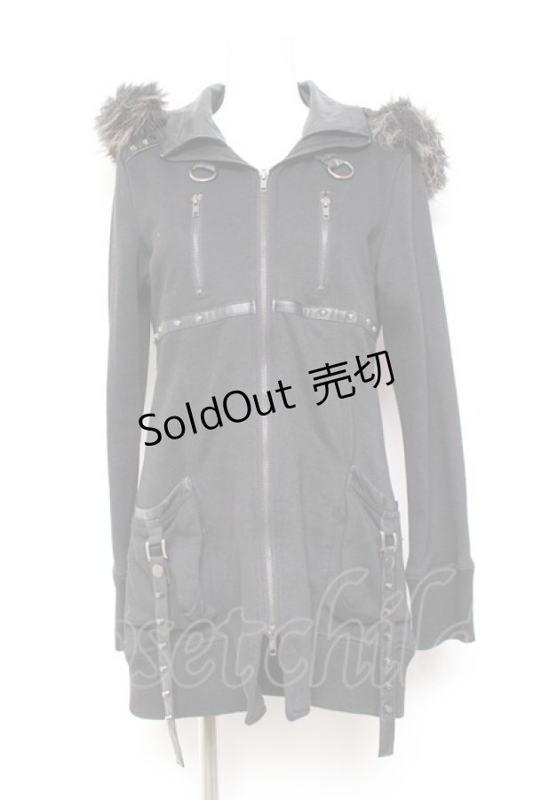 画像1: SEX POT ReVeNGe / レザーベルトデザインファーフードパーカー M 黒 Y-26-01-31-097-SP-TO-SZ-ZT0205P (1)