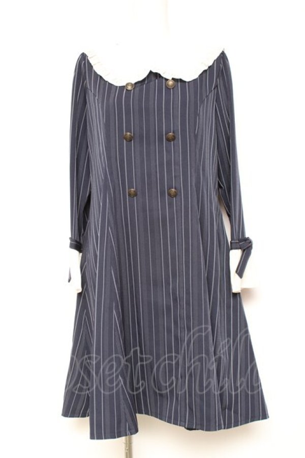 画像1: axes femme POETIQUE / 袖リボンフリルストライプワンピース M 紺 Y-26-01-31-121-AX-OP-SZ-ZY (1)