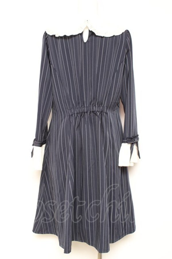 画像2: axes femme POETIQUE / 袖リボンフリルストライプワンピース M 紺 Y-26-01-31-121-AX-OP-SZ-ZY (2)