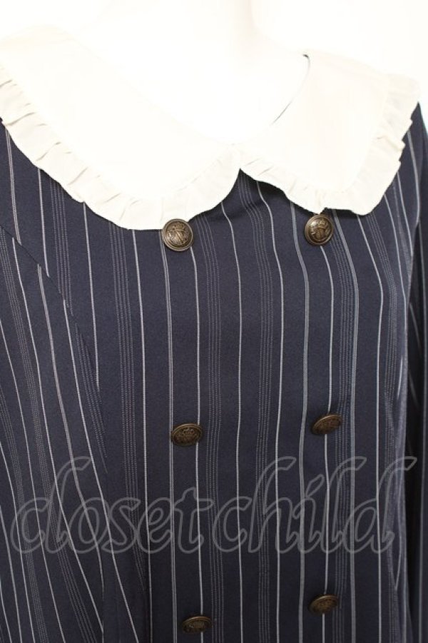 画像3: axes femme POETIQUE / 袖リボンフリルストライプワンピース M 紺 Y-26-01-31-121-AX-OP-SZ-ZY (3)