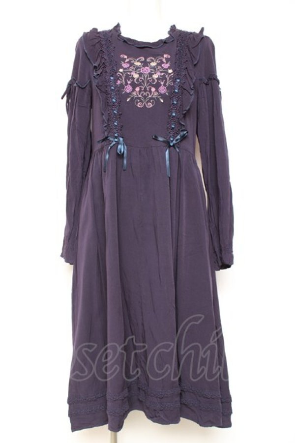 画像1: axes femme POETIQUE / フロント刺繍長袖ワンピ M 紫 Y-26-01-31-123-AX-OP-SZ-ZY (1)