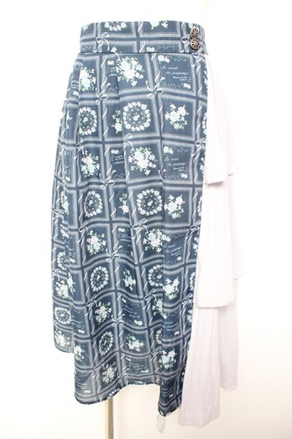 画像1: axes femme / プリーツ切り替えローズ額縁柄スカート  ネイビー Y-26-01-31-161-AX-SK-SZ-ZY (1)