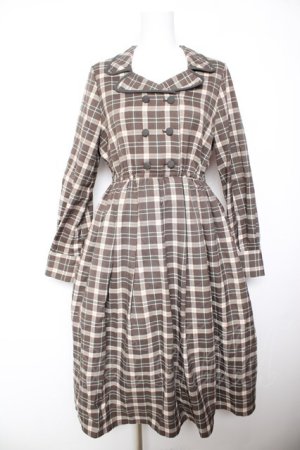 画像: F＆A / ダブルボタンパイピング開襟チェックワンピース  ブラウン Y-26-02-01-045-LO-SK-SZ-ZY