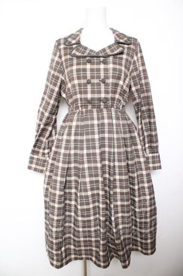 画像1: F＆A / ダブルボタンパイピング開襟チェックワンピース  ブラウン Y-26-02-01-045-LO-SK-SZ-ZY (1)