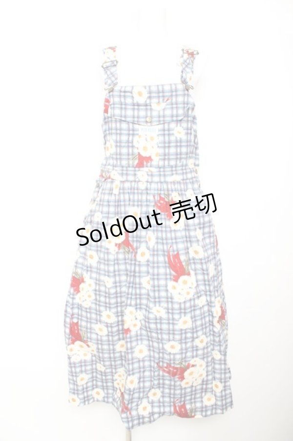 画像1: PINK HOUSE / ギンガムひなぎくブーケ柄サロペット F 青 Y-26-02-01-068-LO-OP-SZ-ZY (1)