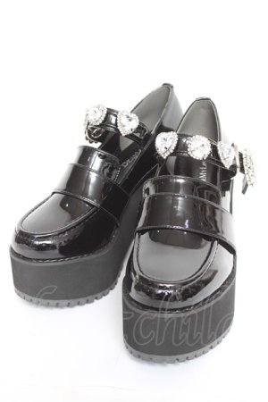 画像: DearMyLove / キラキラビジューリボン厚底ローファー 22.5cm 黒 Y-26-02-04-062-EL-SH-SZ-ZY