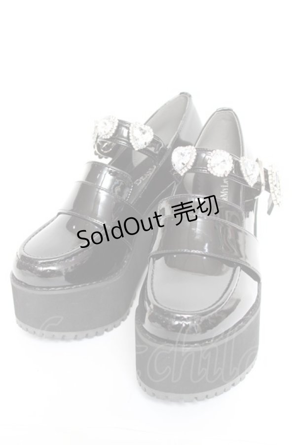 画像1: DearMyLove / キラキラビジューリボン厚底ローファー 22.5cm 黒 Y-26-02-04-062-EL-SH-SZ-ZY (1)