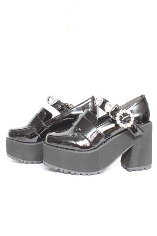 画像2: DearMyLove / キラキラビジューリボン厚底ローファー 22.5cm 黒 Y-26-02-04-062-EL-SH-SZ-ZY (2)