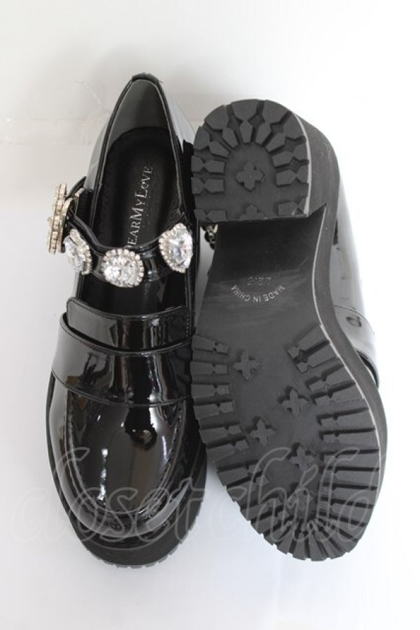画像5: DearMyLove / キラキラビジューリボン厚底ローファー 22.5cm 黒 Y-26-02-04-062-EL-SH-SZ-ZY (5)