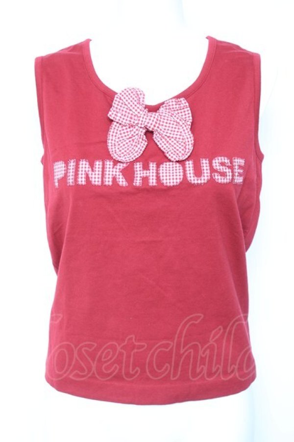 画像1: PINK HOUSE / ロゴギンガム×リボンタクトップ  赤 Y-26-02-04-084-LO-TO-SZ-ZY (1)
