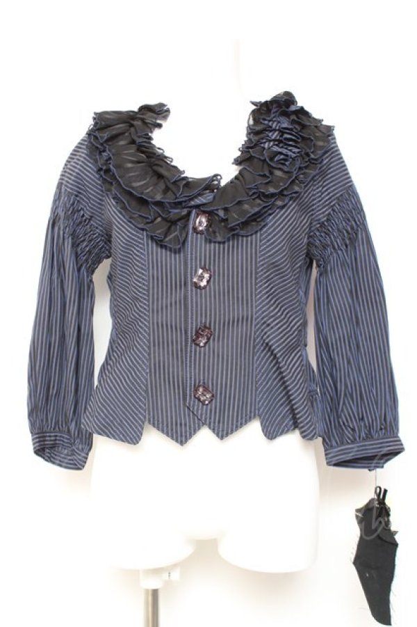 画像1: ALGONQUINS / ストライプフリルシャツジャケット F 紺 Y-26-02-04-095-AL-BL-SZ-ZY (1)