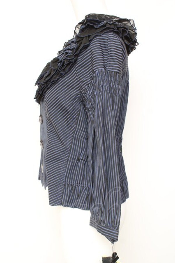 画像2: ALGONQUINS / ストライプフリルシャツジャケット F 紺 Y-26-02-04-095-AL-BL-SZ-ZY (2)