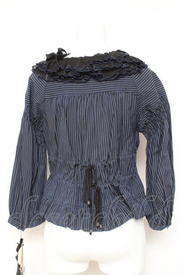 画像3: ALGONQUINS / ストライプフリルシャツジャケット F 紺 Y-26-02-04-095-AL-BL-SZ-ZY (3)