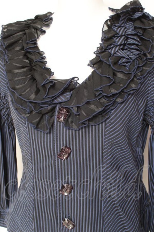 画像4: ALGONQUINS / ストライプフリルシャツジャケット F 紺 Y-26-02-04-095-AL-BL-SZ-ZY (4)