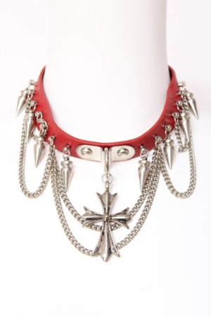 画像: GHOST of HARLEM / メタルクロスチェーン付きスタッズチョーカー  赤 Y-26-02-04-017-GL-AC-SZ-ZY