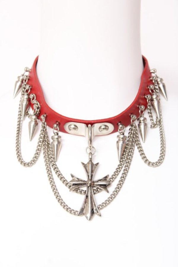 画像1: GHOST of HARLEM / メタルクロスチェーン付きスタッズチョーカー  赤 Y-26-02-04-017-GL-AC-SZ-ZY (1)