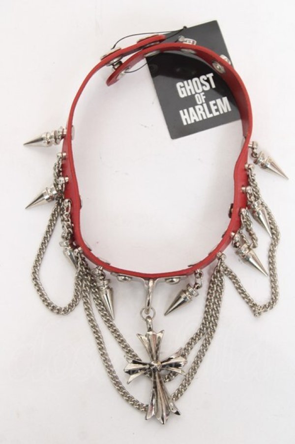 画像2: GHOST of HARLEM / メタルクロスチェーン付きスタッズチョーカー  赤 Y-26-02-04-017-GL-AC-SZ-ZY (2)