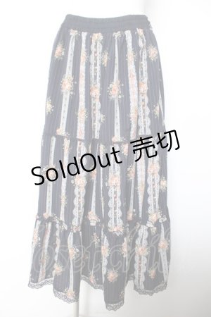 画像: axes femme / ストライプ花柄ロングスカート M 紺 Y-26-02-05-098-AX-SK-SZ-ZY