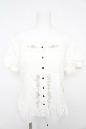 画像: OZZ ANGELO / クロス&ローズ刺繍パフスリーブブラウス  白 Y-26-02-09-104-OO-BL-SZ-ZY