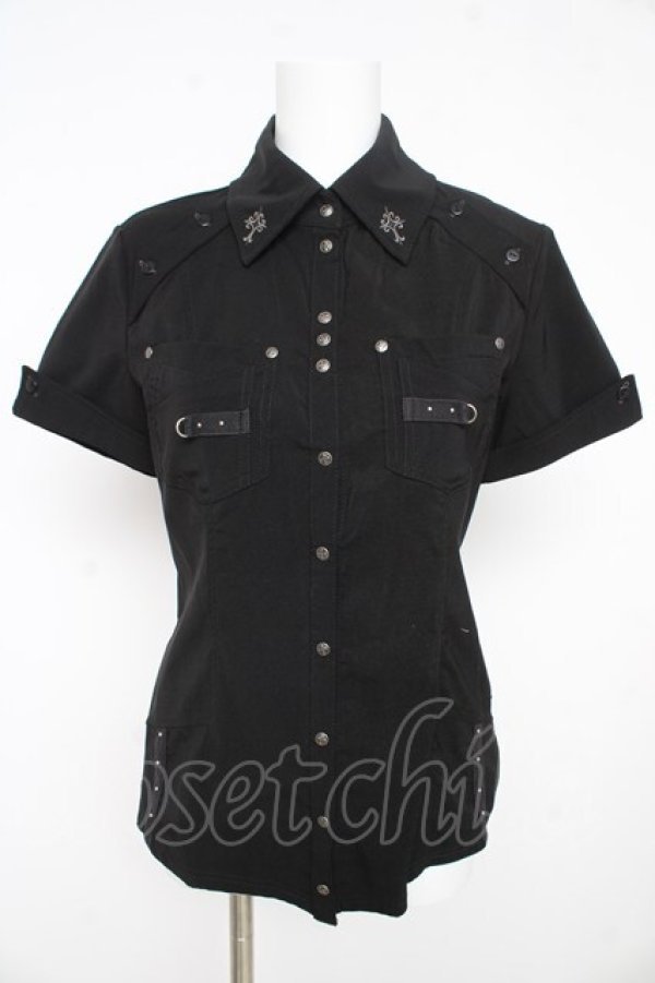 画像1: Ozz Croce / 十字架刺繍半袖ブラウス  黒 Y-26-02-09-106-OO-BL-SZ-ZY (1)