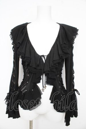 画像: Ozz On / レースアップ異素材フリルカーディガン  黒 Y-26-02-09-108-OO-TO-SZ-ZY