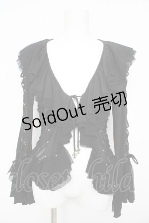 画像: Ozz On / レースアップ異素材フリルカーディガン  黒 Y-26-02-09-108-OO-TO-SZ-ZY