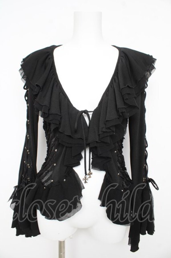 画像1: Ozz On / レースアップ異素材フリルカーディガン  黒 Y-26-02-09-108-OO-TO-SZ-ZY (1)