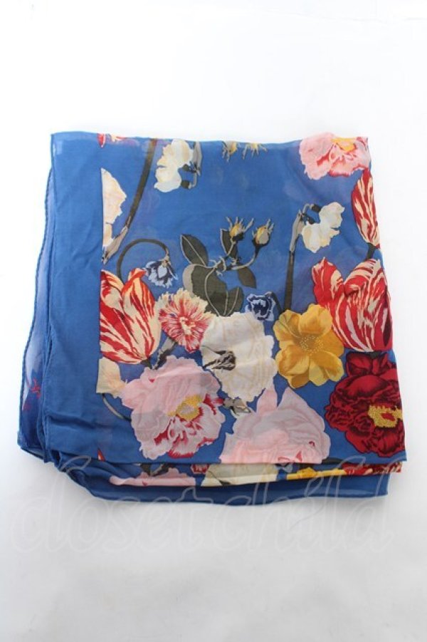 画像1: INGEBORG / ヴィンテージフラワー柄大判ストール  青 Y-26-02-09-027-LO-ZA-SZ-ZY (1)