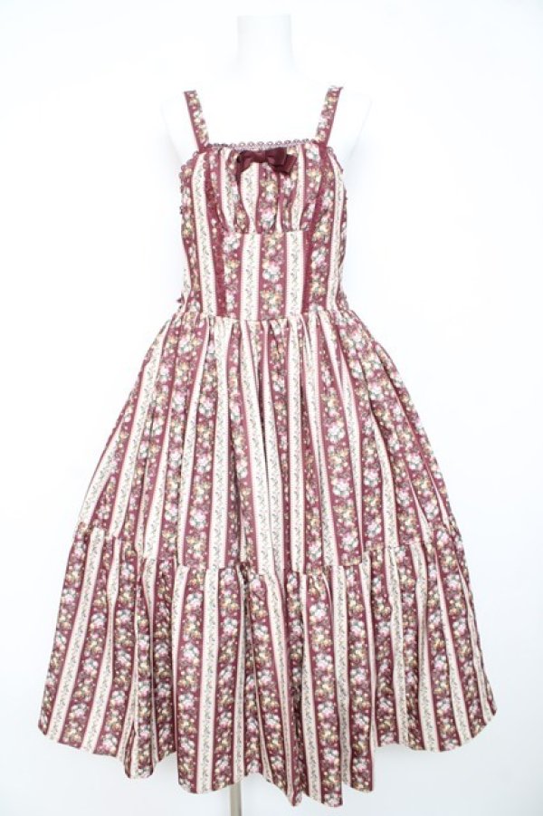 画像1: axes femme kawaii / ストライプローズ柄ジャンスカ M ワイン Y-26-02-11-074-AX-OP-SZ-ZY (1)