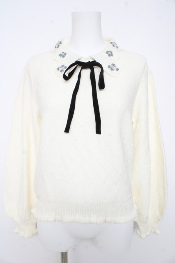 画像1: axes femme POETIQUE / フラワー刺繍襟ニットプルオーバー M 生成り Y-26-02-11-035-AX-TO-SZ-ZY (1)