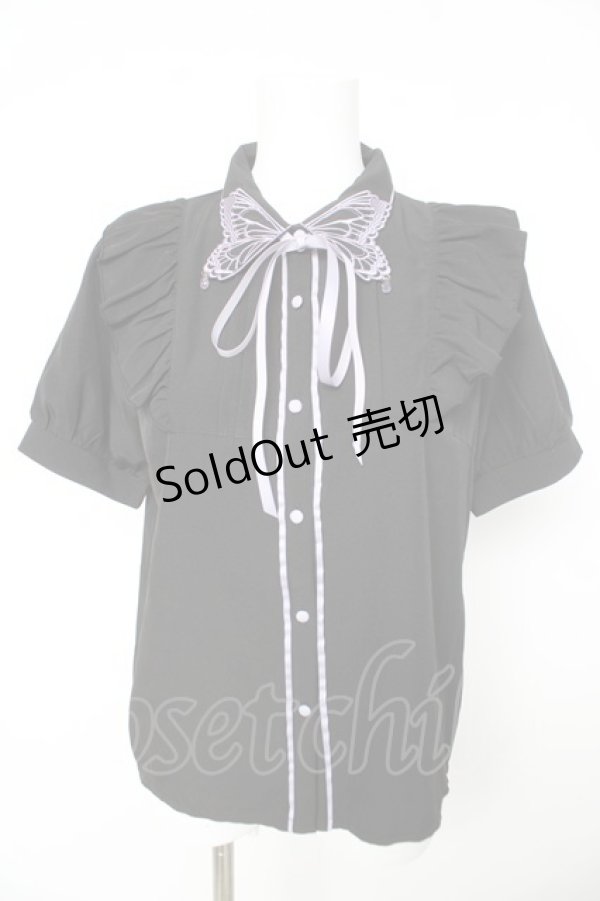 画像1: axes femme POETIQUE / バタフライ刺繍襟半袖ブラウス M 黒 Y-26-02-15-098-AX-BL-SZ-ZY (1)