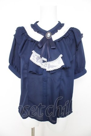 画像: axes femme / ジャボ付きレース×フリルブラウス M 紺 Y-26-02-15-099-AX-BL-SZ-ZY